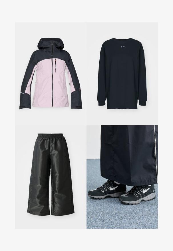 Hooded Outdoor-Jacke in Pink und Schwarz mit Frontreißverschluss, einer Brusttasche mit Reißverschluss und Gore-Tex-Logo auf dem Ärmel.; Schwarzes Langarm-T-Shirt aus Baumwolle mit Rundhalsausschnitt. Mit weißem Nike-Logo auf der Brust. Weiche Textur, simples Design.; Schwarze Sporthose aus glänzendem, glattem Stoff, mit einem elastischen Bund, weitem Bein und einem kleinen Logo auf der linken Seite.; Schwarze Sportschuhe mit einer strukturierten Oberseite, silbernen Akzenten und einer gemusterten Außensohle, kombiniert mit einem schwarzen langen Kleidungsstück. Auf einem blauen Teppich drapiert.