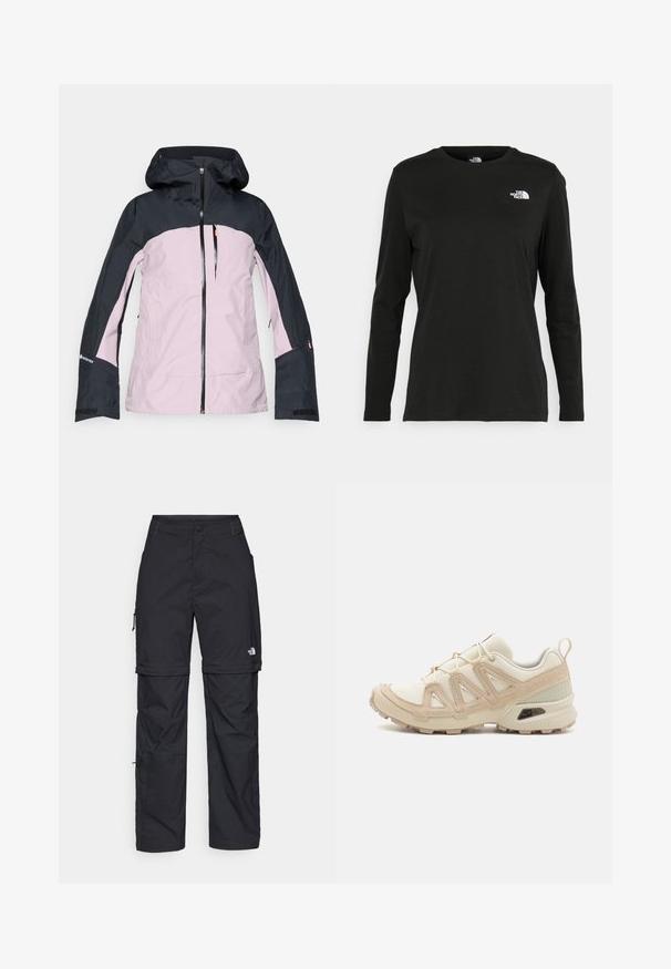 Kapucnis kültéri dzseki rózsaszín és fekete színben, elülső cipzárral, cipzáras mellzsebbel és Gore-Tex logóval az ujján.; Fekete, hosszú ujjú póló pamutból, kerek nyakkal. A bal mellrészen egy kis fehér logó található. Egyszerű dizájn és szabás.; Fekete nylon zipzáras cargo nadrág állítható mandzsettával, több zsebbel és logóval a jobb lábon. Simább, könnyű textúra.; Beige és krém színű sportcipő, texturált hálós felsőrésszel, támogató burkolattal és gumitalppal, amely tapadás érdekében bordázott mintázattal rendelkezik.