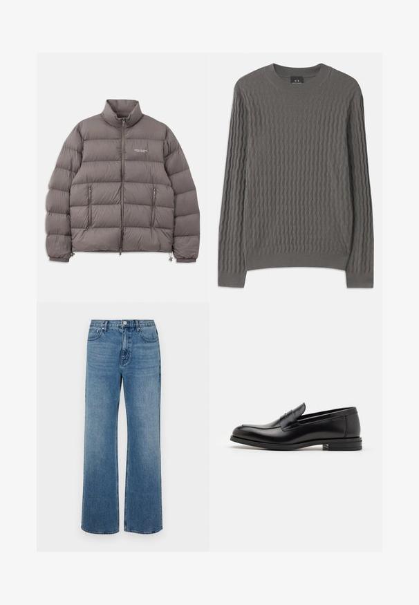 Siva podložena jakna z visokim ovratnikom, sprednjim zadrgo in dvema stranskima žepoma z zadrgo. Gladka tekstura z quiltiranim vzorcem in detajli logotipa.; Armani Exchange Pulover - dark gull zig zag; Modri široki jeans iz denima z izbledelim zaključkom. Imajo pet žepov, sprednje zapiranje na gumb in ravno krojenje.; Črne usnjene loafer čevlje z gladko teksturo, zaobljenim nosom in dekorativnim trakom čez zgornji del. Nizka zložena peta, minimalističen dizajn.