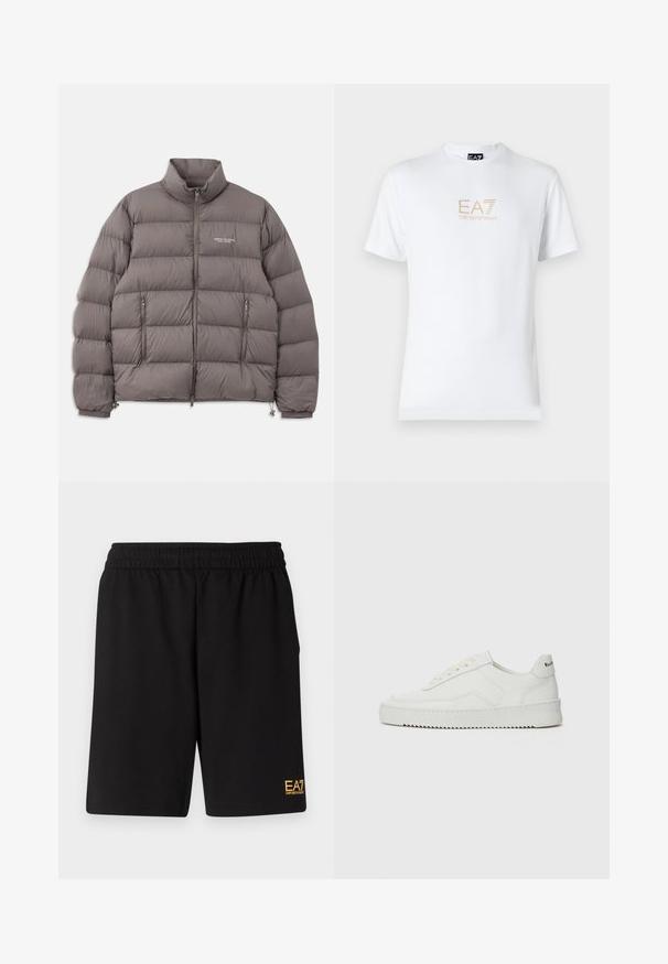 Grijze gewatteerde jas met hoge kraag, ritssluiting aan de voorkant en twee ritszakken aan de zijkant. Glad textuur met een doorgestikt patroon en logo-details.; Witte katoenen t-shirt met een ronde halslijn en korte mouwen, voorzien van een gouden EA7 Emporio Armani-logo op de voorkant.; Zwarte sportshorts van zacht materiaal, met een elastische tailleband en een klein geel EA7-logo op de onderste linkeronderbroek.; Witte leren sneaker met een gladde afwerking, ronde neus, platte veters en een gestructureerde zool. Kenmerkt zich door een subtiel logo op de hiel.
