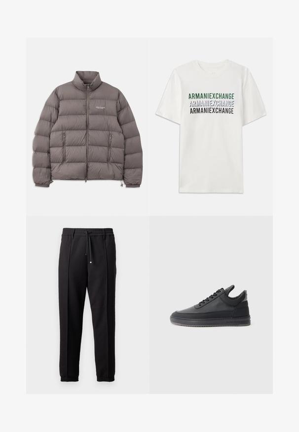 Casaco acolchoado cinza com colarinho alto, fecho frontal e dois bolsos laterais com zip. Textura suave com padrão acolchoado e detalhes de logótipo.; T-shirt branca de algodão com o texto repetido "ARMANIEXCHANGE" em verde, azul e preto. Mangas curtas e um decote redondo clássico.; Calças pretas com uma cinta na cintura, cordão ajustável e punhos elásticos. Apresenta pregas e um tecido liso e texturizado.; Sapatilhas de couro preto com uma superfície texturizada, design de atacadores, cano baixo, e uma sola de borracha cinza com uma borda estriada.