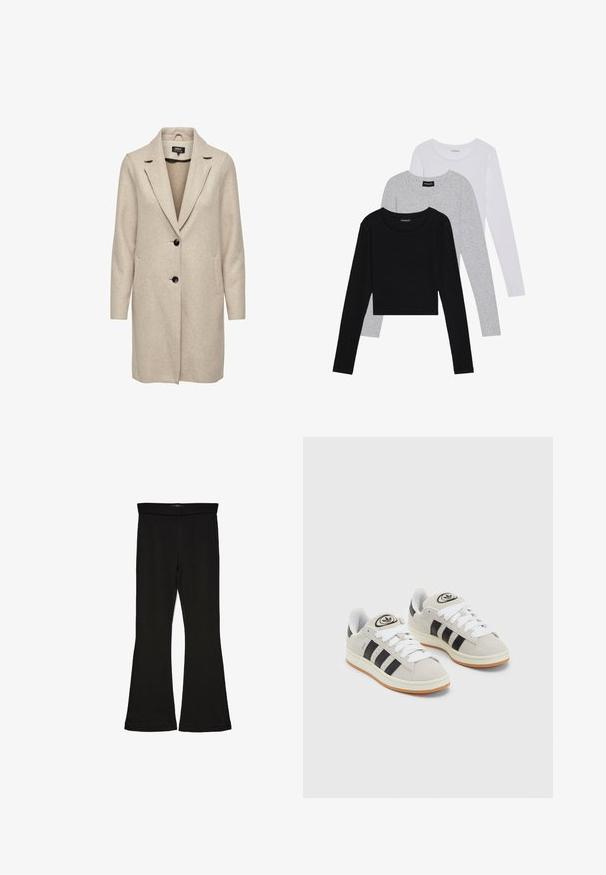 Beige wollen blend jas met een op maat gemaakt ontwerp, notch revers, drie zwarte knopen en twee voorzakken. Lange mouwen en middellange snit.; Drie langmouwige tops gestapeld: zwart, grijs en wit. Elke top heeft een ronde halslijn en een cropped ontwerp van soepel, lichtgewicht materiaal.; Zwarte flare leggings gemaakt van rekbaar materiaal. Beschikt over een brede tailleband en een zachte textuur, met een getailleerd silhouet dat uitloopt bij de zoom.; Grijze nubucklederen sneakers met witte veters, zwarte strepen en een witte rubberen zool. Bevat een rond logo op de tong en een gumzool.
