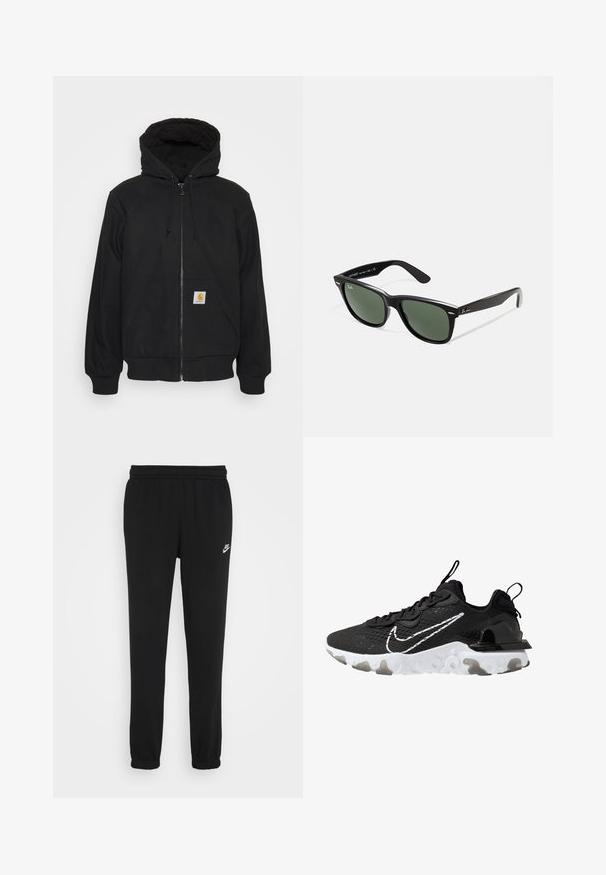 Schwarze Zip-Jacke mit einer gesteppte Kapuze, Kordelzügen und Fronttaschen. Enthält ein Logo-Patch auf der linken Tasche und gerippte Bündchen.; Schwarzer Kapuzenpullover aus weichem Stoff, mit einer frontalen Kängurutasche, verstellbarem Kapuzenzug, gerippten Bündchen und einem kleinen weißen Nike-Logo auf der Brust.; Schwarze Jogginghose mit elastischem Bund, gerippten Knöcheln und einem kleinen weißen Nike-Logo auf der linken Seite. Hergestellt aus weichem Textilgewebe.; Schwarzer Sportschuh mit einem strukturierten Obermaterial aus Stoff, weißem Nike-Swoosh und dicker weißer Sohle. Verfügt über eine Zuglasche an der Ferse für einfaches An- und Ausziehen.; Schwarze Plastiksonnenbrille mit grünen Gläsern, quadratischen Rahmen, silbernem Akzent auf der Augenbraue und strukturierten Bügeln. Angegebene Marke auf dem inneren Bügel.