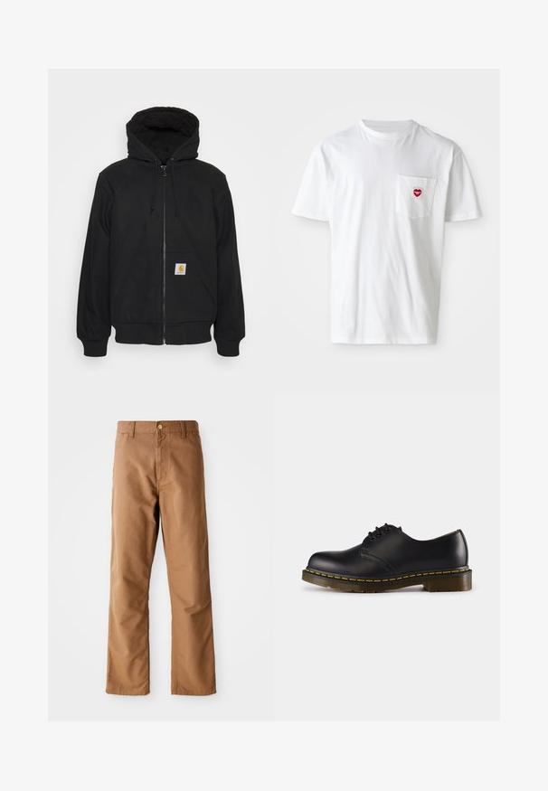 Haut de hoodie zippé noir avec capuche matelassée, cordons de serrage et poches avant. Présente un patch logo sur la poche gauche et des poignets côtelés.; T-shirt en coton blanc avec un col rond et des manches courtes. Présente un petit logo en forme de cœur rouge sur la poche gauche de la poitrine.; Pantalon marron à jambes droites avec passants de ceinture, poches avant, fermeture à bouton et fermeture éclair sur fond blanc.; Chaussure en cuir noir avec un bout arrondi, design à lacets, couture jaune le long de la semelle et une semelle en caoutchouc texturée et épaisse.