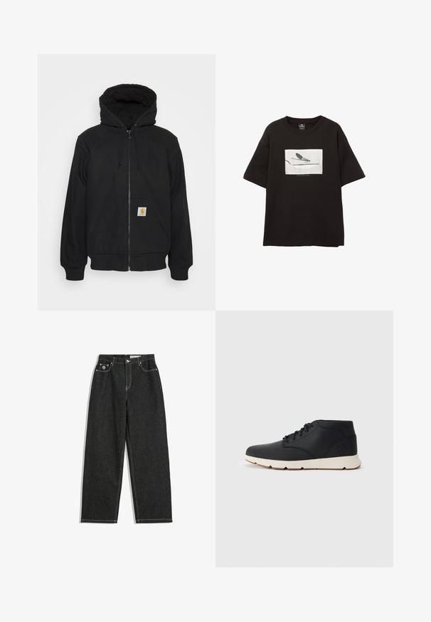 Felpa nera con zip e cappuccio trapuntato, con lacci e tasche frontali. Presenta una toppa con logo sulla tasca sinistra e polsini a coste.; T-shirt nera in cotone con maniche corte, presenta una grafica rettangolare bianca di una mosca su una linea sottile, con un branding minimale sotto l'immagine.; Jeans neri a gamba dritta con cuciture bianche, design a cinque tasche, chiusura con bottone e cerniera, e un piccolo logo sulla tasca frontale destra.; Stivali chukka in pelle nera con suola in gomma bianca, caratterizzati da lacci rotondi e un logo impresso sul tallone. Texture liscia su tutta la superficie.