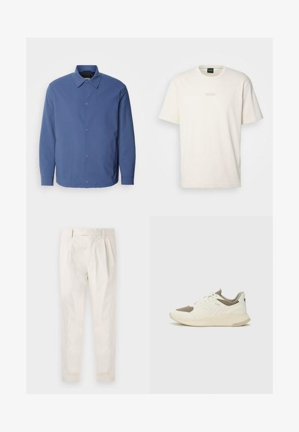 Light blue button-up jacket with a collar, long sleeves, and front pockets. Made from smooth, durable fabric with minimalistic design.; BOSS TEE - Basic T-shirt - open white; White, pleated trousers with a tailored fit, featuring a smooth texture, belt loops, and tapered legs. No visible pockets or patterns.; White and light beige athletic sneaker, featuring a mesh upper, perforated detailing, and a textured midsole with branding on the heel.
