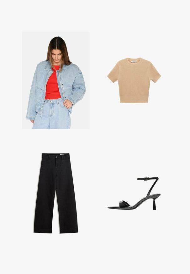 Svetlo modra denim jakna z sproščenim krojem, velikimi žepi in srebrnimi dodatki, nosena preko rdeče rebraste majice. Gladka tekstura.; Bež pletena majica s kratkimi rokavi in krožnim izrezom, s teksturiranim vzorcem in rebrastim robom. Preprost, oprijet dizajn.; Črne široke denim hlače z visokim pasom, ki imajo sprednje in zadnje žepe, šivane šive ter gumbasto zapiranje. Gladka tekstura.; Bershka Sandali z visoko peto - black