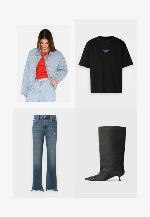 Gaiši zils džinsa jaka ar brīvu piegriezumu, lielām kabatām un sudraba detaļām, valkāta virs sarkanas ribota topa. Gluda tekstūra.; Melna kokvilnas T-kreklu ar apaļu kaklu, īsām piedurknēm un zilu izšūtu "Calvin Klein JEANS" logo priekšpusē.; Zilas džinsa bikses ar vieglu nolietojumu, neapstrādātiem plēstiem apmales galiem, priekšējām kabatām, jostas cilpām un pogas aizdari.; Melnas ādas potīšu zābaki ar smailu purngalu, mazu papēdi un metāla akcentu uz purngala. Gluda, matēta virsma visā zābaku garumā.