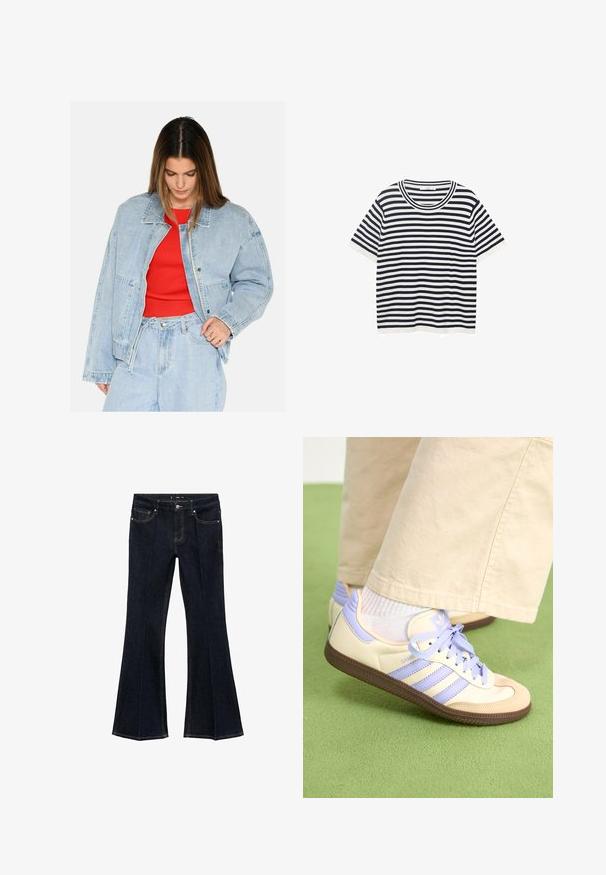 Svijetloplava traper jakna opuštenog kroja, s velikim džepovima i srebrnim detaljima, nosi se preko crvene rebraste majice. Glatka tekstura.; Prugasta majica od pamuka s mornarskoplavim i bijelim horizontalnim prugama, ima okrugli izrez i kratke rukave. Glatka tekstura.; Tamno plave traperice visokog struka s prednjim džepovima i širokim nogavicama, prikazane ravno na bijeloj pozadini.; Kremasto-ljubičaste tenisice s tri pruge i strukturiranim smeškim potplatom, s vezicama i podstavljenim petom. Mekana gornja tkanina.