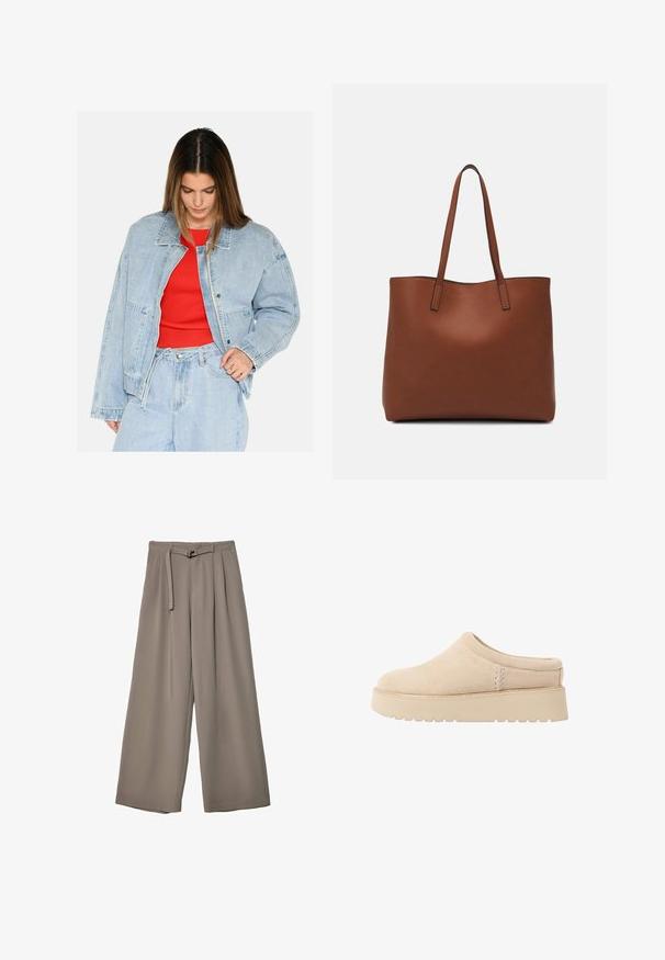 Vaaleansininen farkkutakki, jossa on rento leikkaus, suuret taskut ja hopeiset metalliosat, päällä punainen ribbipaita. Sileä pinta.; Kahvinsävyinen lyhythihainen t-paita, joka on valmistettu pehmeästä kankaasta. Pyöreä pääntie ja rento malli. Ei näkyviä kuvioita tai koristeita.; Suurille lahkeille housuille pehmeässä, hillityssä harmaassa kankaassa, jossa on vyötäröllä vyö ja lisää muotoilun yksityiskohtia kuploissa. Sileä rakenne, ei kuvioita.; Beige mokasii nahkahousut, joissa on pyöristetty kärki ja paksu, teksturoitu pohja. Ominaisuuksiin kuuluu minimaalinen ompelu ja pehmeä muotoilu.; Ruskea nahkainen olkalaukku, jossa on sileä pinta, avoin yläosa ja kaksi olkahihnaa. Omaavat vain minimaalisen ompelun eikä näkyvää metalliosaa.