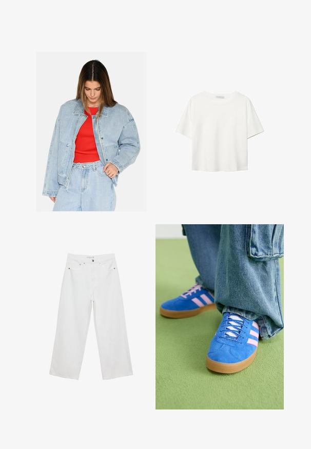 Hellblaues Jeansjackett mit bequemer Passform, großen Taschen und silbernen Hardwaredetails, getragen über einem roten gerippten Oberteil. Glatte Textur.; Weißes T-Shirt mit kurzen Ärmeln aus Baumwolle. Hat einen Rundhalsausschnitt und eine lockere Passform. Glatte Textur ohne sichtbare Muster oder Akzente.; Weiße Jeans im weit geschnittenen Design aus Denim mit hoher Taille, ausgestattet mit fünf Taschen und Metallbeschlägen. Glatte Textur, keine sichtbaren Muster.; Blaue Wildlederschuhe mit rosa Streifen und weißen Schnürsenkeln, ausgestattet mit einer Gummisohle, kombiniert mit lockeren Jeanshosen auf einer grünen Fläche.