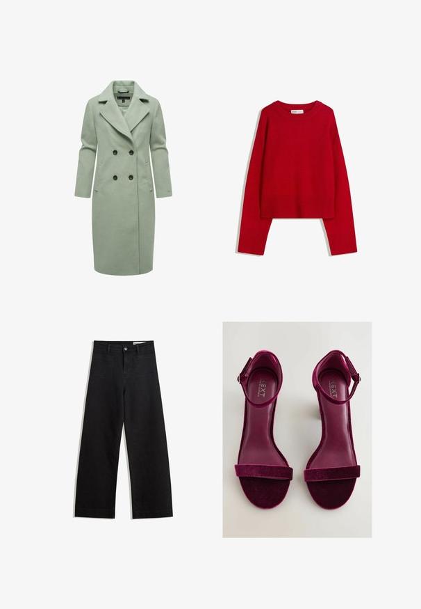 Cappotto in misto lana verde chiaro con design doppiopetto, dotato di colletto a scollo a V, due tasche frontali e bottoni neri.; Maglione rosso con scollatura a girocollo, maniche lunghe e polsini e bordo a coste. Realizzato in tessuto morbido e texturizzato. Design corto.; Pantaloni in denim neri a gamba larga con vita alta, dotati di tasche anteriori e posteriori, cuciture a punto, e chiusura con bottone. Texture liscia.; Sandali con tacco in velluto fucsia, con punta aperta, cinturino alla caviglia e ampia fascia frontale. Soletta in pelle liscia e una finitura morbida e texture.