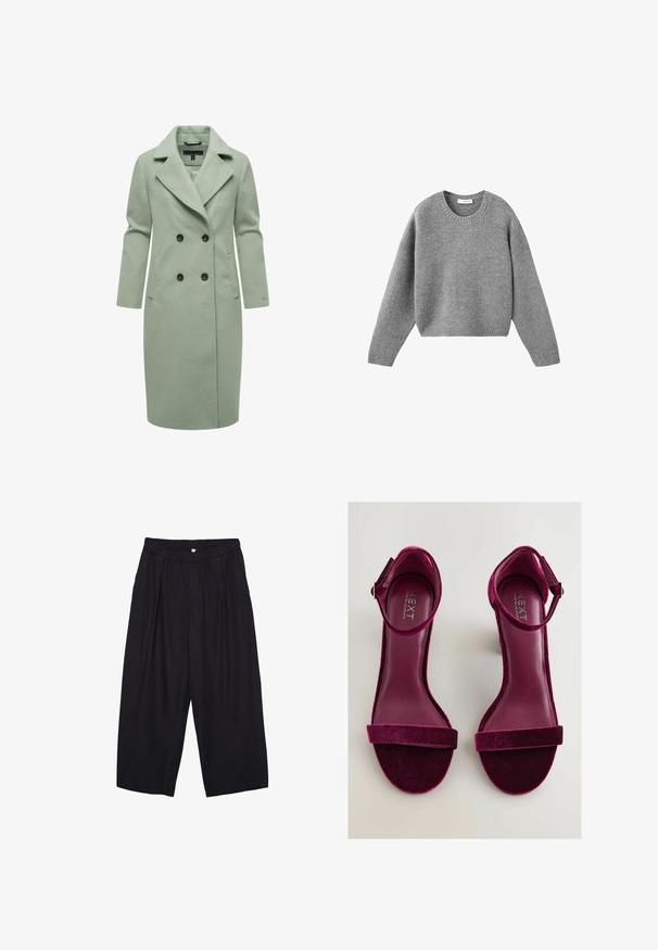 Cappotto in misto lana verde chiaro con design doppiopetto, dotato di colletto a scollo a V, due tasche frontali e bottoni neri.; Maglione grigio a maglia con scollo rotondo, maniche lunghe e polsini e orlo a costine, posato su uno sfondo bianco.; Pantaloni culotte neri in poliestere con una cintura elastica, due pieghe frontali e una silhouette ampia. Nessun motivo visibile o dettagli in metallo.; Sandali con tacco in velluto fucsia, con punta aperta, cinturino alla caviglia e ampia fascia frontale. Soletta in pelle liscia e una finitura morbida e texture.