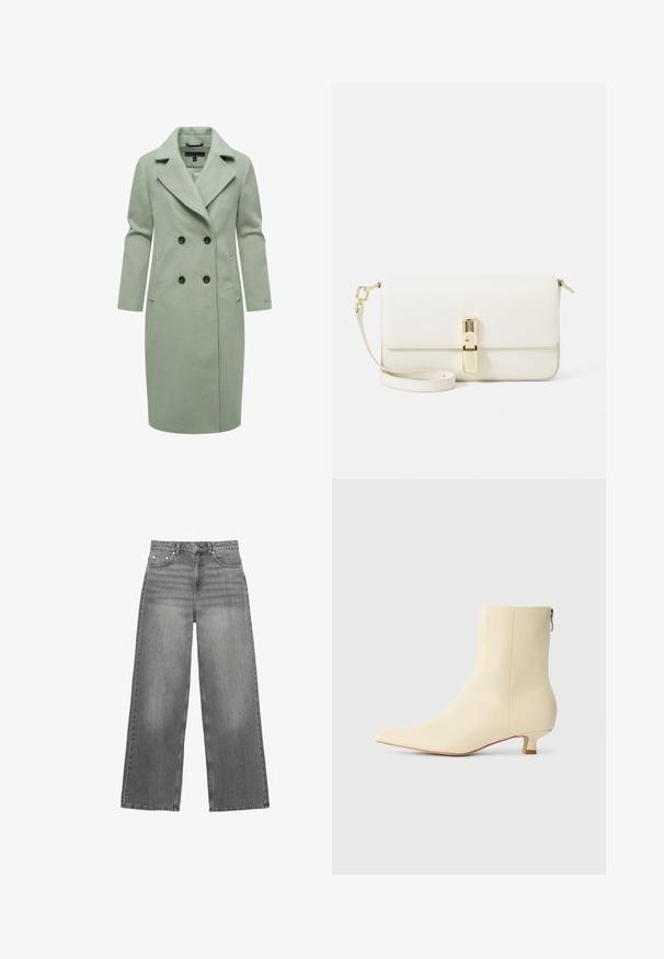 Svijetlozeleni kaput od vune s dodatkom, s dvostrukim kopčanjem, s oštrim ovratnikom, dva prednja džepa i crnim dugmadima.; Tamnoplavi pleteni džemper s uzorkom pletenice, okruglim izrezom i rebrastim rukavima i rubom; mali izvezeni logo na prsima.; Bijela košulja dugih rukava s dugmadima, s oštrim ovratnikom i zakrivljenim rubom, prikazana na jednodavnom pozadinu.; Sive široke traperice od denima, s visokim strukom, pet džepova i suptilnim izbljeđivanjem na nogavicama.; Bote suženog vrha u krem koži s glatkom završnom obradom, s malim blok petom i bočnim patentnim zatvaračem.; Bela kožna torba preko tijela s teksturiranom površinom, pravokutnog oblika, zlatnom kopčom i odvojivim remenom.