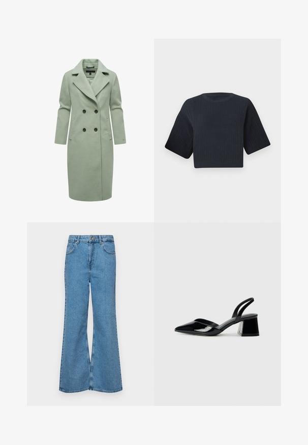 Világoszöld gyapjúkeverék kabát, dupla gombolású kialakítással, hegyes gallérral, két elülső zsebbel és fekete gombokkal.; Sötét tengeri kék, rövid fazonú, kötött pulóver bordás textúrával, rövid, széles ujjal és kerek nyakkivágással. Egyszerű dizájn, nincsenek látható minták vagy díszítések.; Világoskék, trapézszárú farmernadrág, magas derékkal, öt zsebbel és egy gombos záródással. Puha tapintású, magasított effektusú anyag.; Fekete lakk bőr szandálkés magas sarkú cipő, hegyes orral és geometrikus tömbsarkakkal. Karcsú, minimalista dizájn és sima textúra jellemzi.