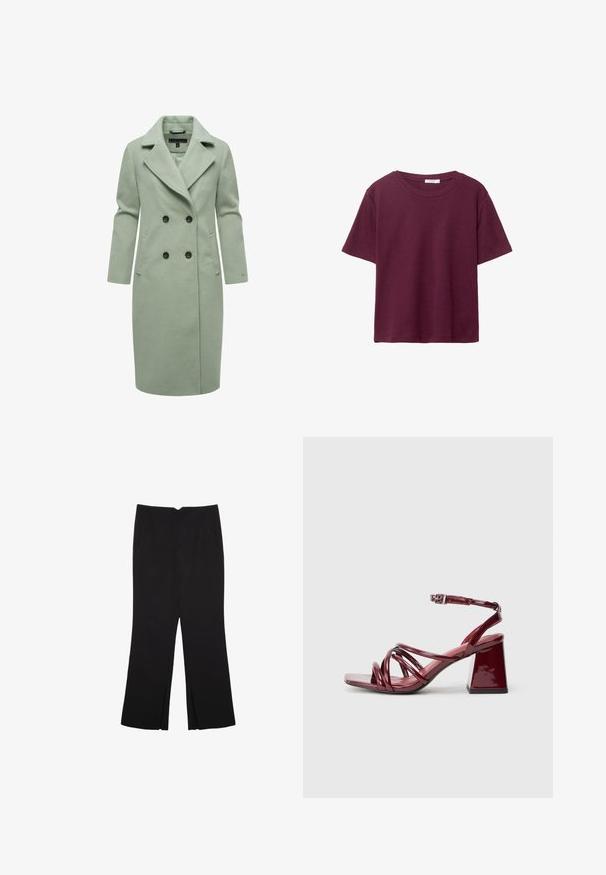 Svetlozelený kabát z vlnenej zmesi s dvojitým zapínaním, ktorý má klopový golier, dve predné vrecká a čierne gombíky.; Burgundské tričko s krátkym rukávom vyrobené z jemnej bavlny. Má klasický okrúhly výstrih a voľný strih. Jednoduchá textúra, bez vzorov alebo akcentov.; Čierne nohavice so strihom rovného strihu, s prednými vreckami a bočnými rozparkami na leme. Vyrobené z mäkkej, hladkej tkaniny. Vhodné na rôzne príležitosti.; Patentné bordové sandále na podpätku so štvorcovou špičkou, s viacerými prepletenými pásikmi a masívnym blokovým podpätkom. Nastaviteľný pásik okolo členka.