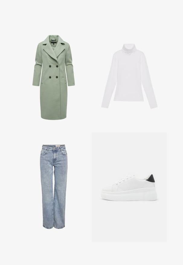 Lichtgroene wolblend jas met een dubbelzijdig ontwerp, voorzien van een opstaande kraag, twee borstzakken en zwarte knopen.; Witte lange mouw turtleneck top gemaakt van glad, elastisch materiaal. Voorzien van een hoge kraag en een getailleerd ontwerp, zonder zichtbare patronen of versieringen.; Lichtblauwe wijde jeans gemaakt van denim, met een hoge taille, vijf zakken en subtiele vervaging voor een versleten uitstraling.; Witte platform sneakers van glad synthetisch materiaal, met een afgeronde neus, vetersluiting en een gestructureerde rubberen zool. Zwarte hielaccent.