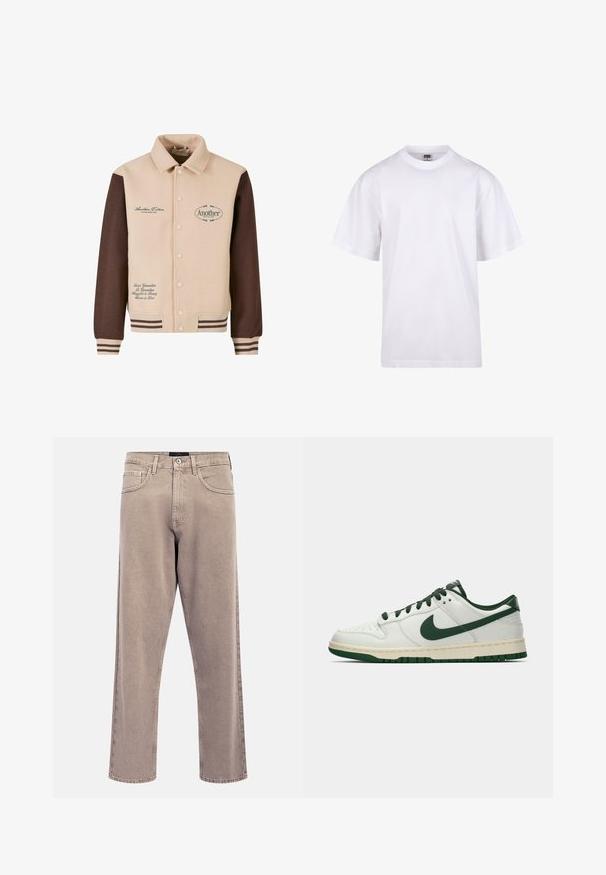 Beige och brun jacka med knappframsidan, krage, broderad text och randiga manschetter. Tillverkad av mjukt tyg och har dekorativa lappar.; Vit bomullströja med rund halsringning, korta ärmar och en avslappnad passform. Har en enkel design utan mönster eller accenter.; Ljusa beige raka jeans med en lätt blekt textur, design med fem fickor och stängning med metallknapp. Framträdande sömnadsdetaljer.; Vit lågprofilsneaker med mörkgrön Nike-swoosh, snören och sulaccenter, visad i profil mot en neutral vit bakgrund.