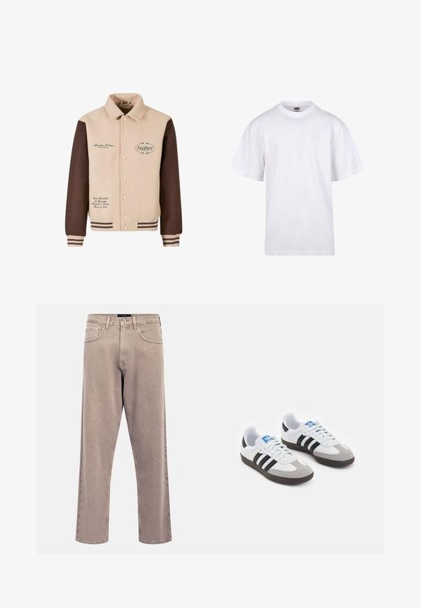 Béžová a hnedá bunda s gombíkovým zapínaním, golierom, vyšitým textom a pruhovanými manžetami. Vyrobená z jemnej tkaniny a obsahuje dekoratívne nášivky.; Biela bavlnená tričko s okrúhlym výstrihom, krátkymi rukávmi a voľným strihom. Má jednoduchý dizajn bez vzorov alebo akcentov.; Svetlo béžové rifle s rovnými nohavicami, mierne vyblednutou textúrou, dizajnom s piatimi vreckami a zapínaním na kovový gombík. Výrazné švíky.; Športové topánky s bielym koženým zvrškom, šedou semišovou špičkou a tromi čiernymi pruhmi. Obsahujú modré logo na jazyku a štruktúrovanú gumovú podrážku.