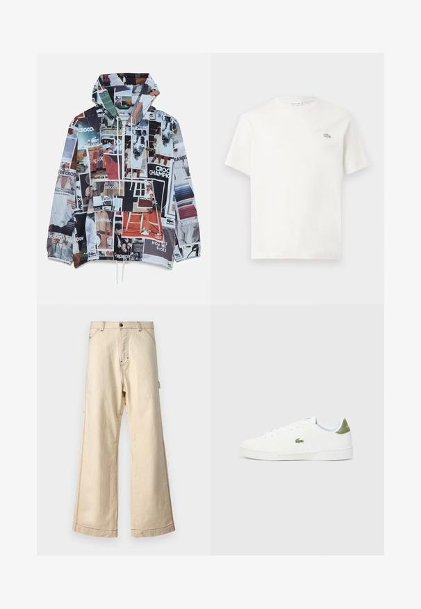 Lacoste PRINT JACKET - Summer jacket - multico; White cotton t-shirt with short sleeves, featuring a subtle embroidered logo and minimalistic design. Soft texture, crew neckline.; Beige wide-leg trousers made of cotton with a zip and button closure, featuring contrasting stitching and side pockets.; White sneakers with a smooth texture, featuring a green accent at the heel and a small embroidered crocodile logo on the side.