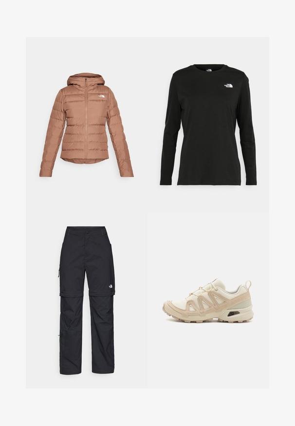 Brown puffer jacket with a hood, featuring a zip closure, horizontal quilted design, and a small white logo on the left chest.; Black long-sleeve t-shirt made of cotton with a round neck. Features a small white logo on the left chest area. Simple design and fit.; Black nylon zip-off cargo trousers with adjustable cuffs, multiple pockets, and a logo on the right leg. Smooth, lightweight texture.; Beige and cream athletic shoe with textured mesh upper, supportive overlays, and rubber outsole featuring a tread pattern for traction.