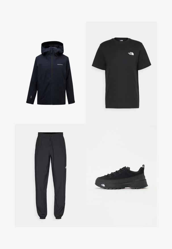 Peak Performance M RIDER - Chaqueta de snowboard - black; Camiseta de algodón negro con mangas cortas, cuello redondo y un pequeño logo blanco en el lado izquierdo del pecho. Diseño simple, textura suave y ajuste relajado.; Pantalones deportivos negros hechos de un tejido ligero, con una cinturilla ajustable, bolsillos laterales y puños ajustados en los tobillos.; Zapatilla negra de exterior con parte superior de ante, suela de goma texturizada y un sólido sistema de cordones. Cuenta con un talón reforzado y el logotipo de la marca en el lateral.