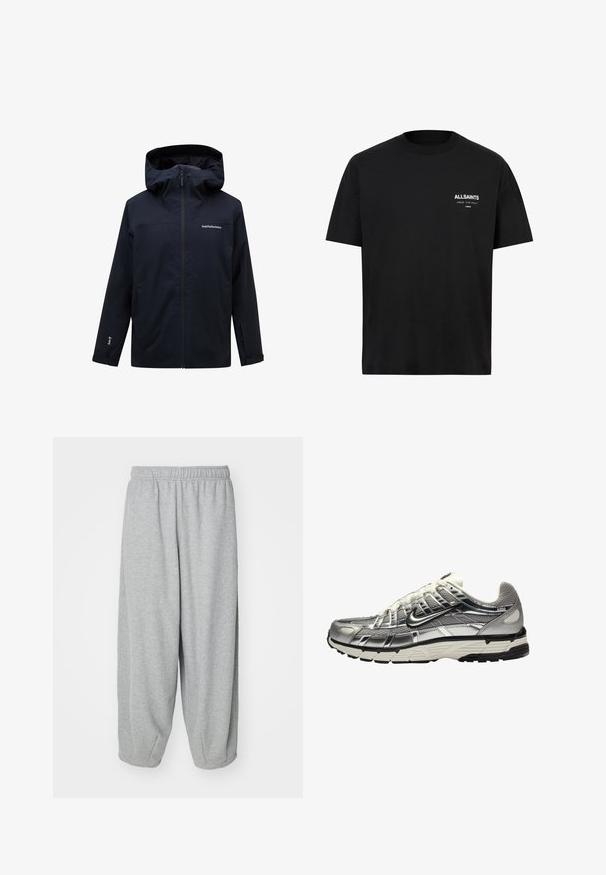 Peak Performance M RIDER - Snowboardjacke - black; Schwarzes Baumwoll-T-Shirt mit kurzen Ärmeln und Rundhalsausschnitt. Mit weißen Aufdrucken "ALLSAINTS" und "LONDON" auf der linken Brustseite.; Helle graue, lässig sitzende Sweatpants aus weichem Stoff. Elastischer Bund und Bündchen an den Knöcheln. Einfaches und ungeschmücktes Design.; Silberne und schwarze Sport Schuhe mit einem Obermaterial aus Mesh und Synthetik, voluminösem Design und strukturierter Oberfläche. Mit gepolstertem Kragen und Gummisohle.