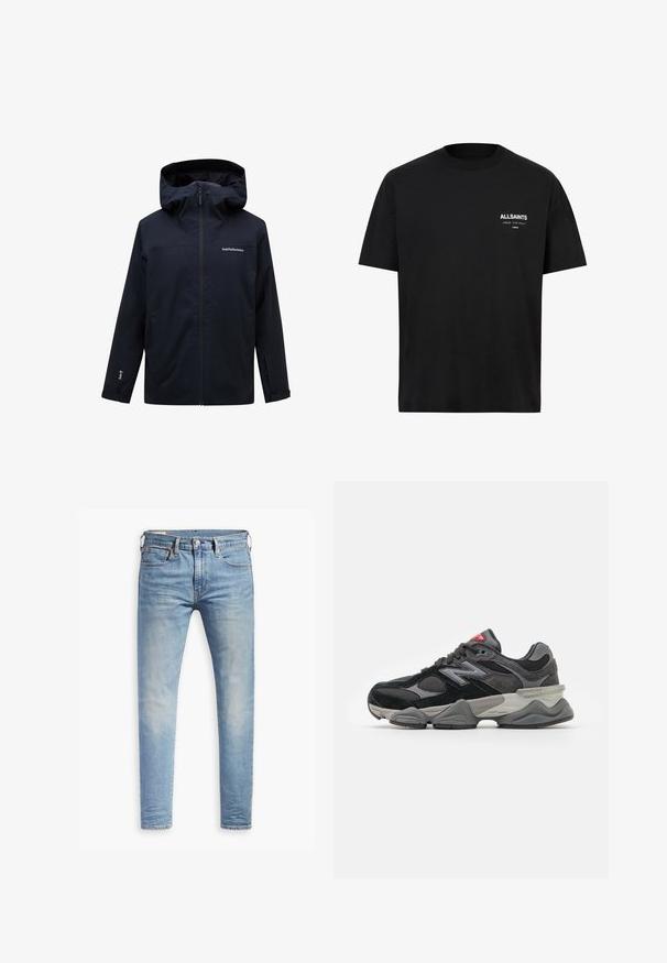 Peak Performance M RIDER - Snowboardkabát - black; Fekete pamut póló rövid ujjakkal és kerek nyakkivágással. A bal melle területén fehér szöveg található: "ALLSAINTS" és "LONDON".; Világoskék, slim fit farmernadrág enyhe kopással a combokon, elöl gombos záródással, övbujtatókkal és öt zsebbel, fehér háttérrel.; Fekete és szürke sportcipő, amely velúr és hálós anyagok keverékéből készült, vastag talppal, hangsúlyos logóval és piros akcentussal a nyelvén.