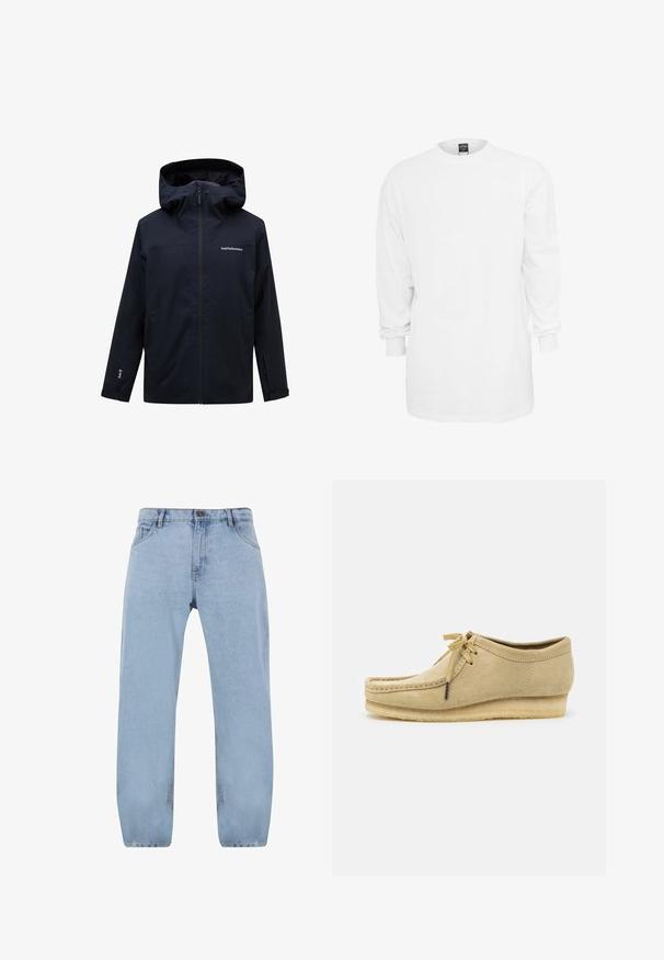 Peak Performance M RIDER - Snovborda jaka - black; Garām piedurknēm balta kokvilnas t-kreklu ar apaļu kakla izgriezumu, brīvs griezums un ribotas piedurknes. Vienkāršs dizains, bez grafikas vai rakstiem.; Gai zils džinsu audums ar taisno kāju dizainu, kas satur četras kabatas, rāvējslēdzēja jostu un zelta šuvju akcentus.; Bēša zamšādas kurpe ar auklām, ar šuvju detaļām un gumijas zoli. Forma ir ikdienas, ar nedaudz paceltu papēdi.