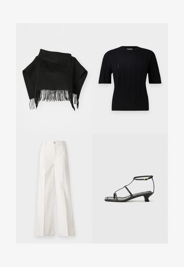 Sort frynsjal lavet af blødt stof. Har ujævne kanter og lange, tynde frynser i bunden. Alsidig til lag-på-lag.; Filippa K BRAID - Striktrøje - black; Hvide vidde bukser lavet af bomuld med en glat tekstur. Har en frontknap, lynlås, og fire-lomme design.; Sort lædersandal med firkantet tå, tynde stropper, justerbar ankelrem og en lav hæl. Har et lille gyldent element på stroppen.