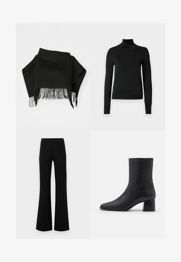 Black fringed shawl made of soft fabric. Features uneven edges and long, thin fringes at the bottom. Versatile for layering.; Black long-sleeve turtleneck sweater with ribbed cuffs and hem, displayed on a plain white background.; Black flared pants with a high waist, made of stretchy fabric. Features vertical seam details on the front and a smooth texture.; Black leather ankle boot with a pointed toe and a chunky square heel. Smooth texture with a seamless design and minimalistic stitching.