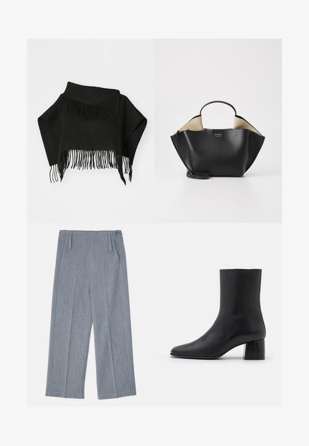 Juodas fringuotas šalikas, pagamintas iš minkštos medžiagos. Vyksta nelygios kraštinės ir ilgos, plonos frangos apačioje. Universalus sluoksniavimui.; Juodas ilgų rankovių marškinėlis, pagamintas iš minkštos medžiagos, su apykakle ir laisvu siluetu, su šoninėmis sklendėmis apačioje, kad būtų lengviau judėti.; Šviesiai pilkos, plačios kojų kelnės, pagamintos iš tekstūruoto audinio, su dviem priekinėmis klostėmis ir dviem šoninėmis kišenėmis. Tvarkingas, tikslais pritaikytas dizainas.; Juodas odinis kulkšninis botas su smailiu pirštu ir masyviu kvadratiniu kulnu. Lygus paviršius be siūlių ir minimalizmu išsiskiriantis dizainas.; Ree Projects ANN TOTE MINI - Rankinė - black