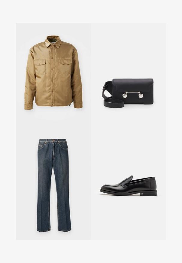 Jachetă maro, cu mâneci lungi, cu închidere pe butoane, două buzunare pe piept și guler. Fabricată dintr-un material fin, ușor.; Pulover tricotat de culoare crem, cu guler polo, manșete și tiv cu nervuri, având o clapetă frontală și o textură moale.; Tricou de culoare albastru închis cu mânecă scurtă, cu text alb "neanche per sogno" centrat pe piept, guler rotund, dimensiune medie.; Jeans din denim drept, de culoare albastră închisă, cu nasture frontal, fermoar, două buzunare frontale și cute verticale vizibile pe picioare.; Mocasini din piele neagră cu o textură netedă, vârf rotund și o curea decorativă peste partea superioară. Toc mic, design minimalist.; Geantă din piele neagră, tip crossbody, cu închidere prin clapetă, accesorii din metal de culoare argintie și două accente rotunde. Dispune de o curea detașabilă. Textură netedă.