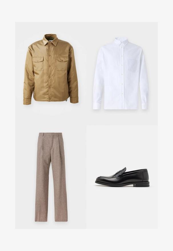 Ruskotuvo, ilgomis rankovėmis, su mygtukais priekyje, dviem krūtinės kišenėmis ir apykakle. Pagaminta iš glotnaus, lengvo medžiagos.; Valkoinen pitkähihaista napillista paitaa, joka on valmistettu puuvillasta. Paita sisältää rinnan kohdalla taskun, jossa on samaa sävyä oleva brodeeraus, kauluksen sekä napilliset hihansuut.; Ruskejat, korkeavyötäröiset housut, jotka on valmistettu teksturoidusta kankaasta. Ominaisuuksina ovat leveät lahkeet ja kaksi etupuolelle ommeltua laskosta rakenteen tukemiseksi. Siisti viimeistely ilman näkyvää metalliosaa.; Mustat nahkakengät, joissa on sileä pinta, pyöreä kärki ja koristeellinen nauha jalkapöydän yli. Matala pinoitu koroke, minimalistinen muotoilu.