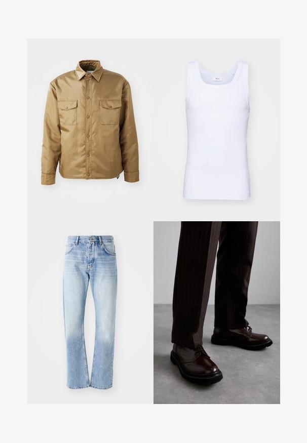 Brown, long-sleeve jacket with a button-up front, two chest pockets, and a collared neck. Made of smooth, lightweight material.; White cotton sleeveless tank top with a round neckline, featuring a smooth texture and a fitting shape, designed for casual wear.; Light blue denim jeans with a straight-leg cut. Features a five-pocket design, button fly, and faded texture towards the bottom.; Brown leather lace-up shoes with a glossy finish, black rubber sole, and subtle stitching. Worn with pinstriped brown trousers.