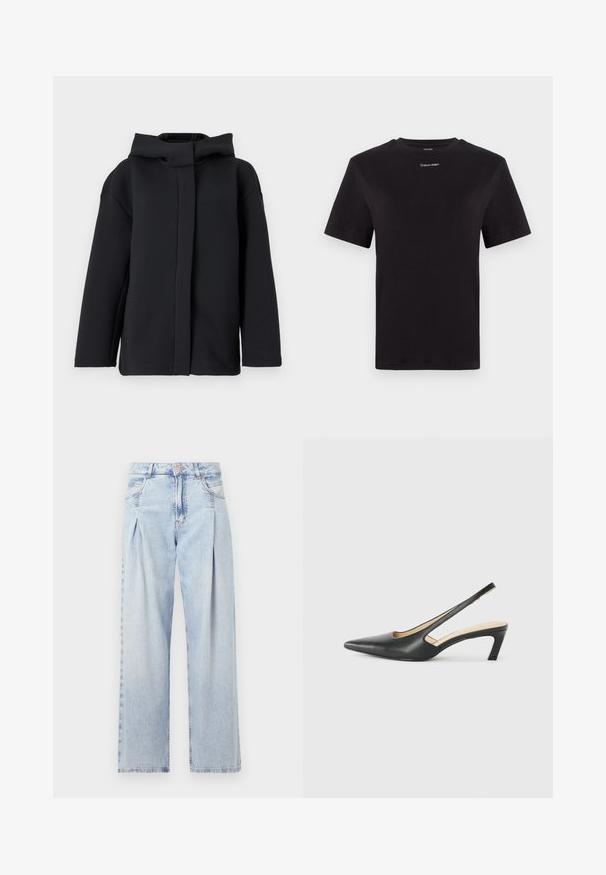Μαύρο φούτερ με κουκούλα με χαλαρή εφαρμογή, διαθέτοντας ομαλή υφή, μακριά μανίκια και μπροστινό άνοιγμα χωρίς παραδοσιακές κλείσεις.; Μαύρη βαμβακερή μπλούζα με κοντά μανίκια, στρογγυλή λαιμόκοψη και λευκό μικρό λογότυπο "Calvin Klein" στο στήθος. Λείο ύφασμα, κλασική γραμμή.; Ανοιχτό μπλε τζιν παντελόνι με ψηλή μέση, φαρδιά γραμμή, δύο πλαϊνές τσέπες και σχέδιο με πτυχώσεις. Μαλακή υφή με ξεθωριασμένο φινίρισμα.; Μαύρο παπούτσι slingback με αιχμηρή μύτη και χαμηλό τακούνι, κατασκευασμένο από λείο δέρμα με σχέδιο κοπής στη πλευρά για αερισμό.