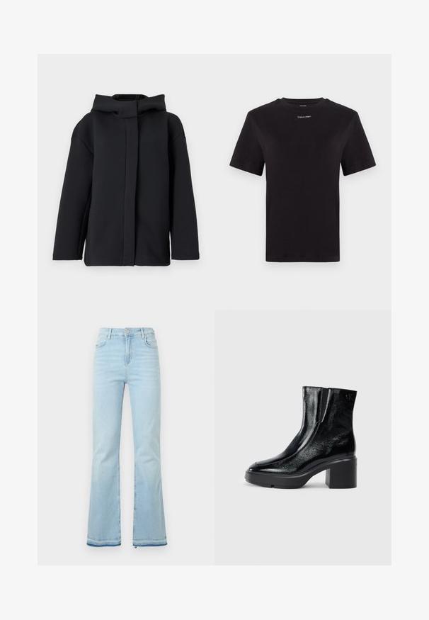 Juoda gobtuvu džemperis su laisvu siluetu, pasižymintis lygiu paviršiumi, ilgomis rankovėmis ir priekiniais atidarymais be tradicinių uždarymų.; Juodas medvilninis marškinėliai trumpomis rankovėmis, apykaklė, su mažu baltu "Calvin Klein" logotipu krūtinėje. Lygus paviršius, klasikinis siluetas.; Šviesiai mėlyni, platėjantys džinsai pagaminti iš denimo, su aukštu juosmeniu, priekinėmis kišenėmis ir nelygiais apačiais, suteikiančiais kasdišką išvaizdą.; Juodi lakiniai auliniai batai iki kulkšnies, su išlenktu pirštu, elastinėmis šoninėmis panelėmis ir masyviu blokuotu kulnu. Apdailoje užpakalinėje dalyje įspaustas logotipas.