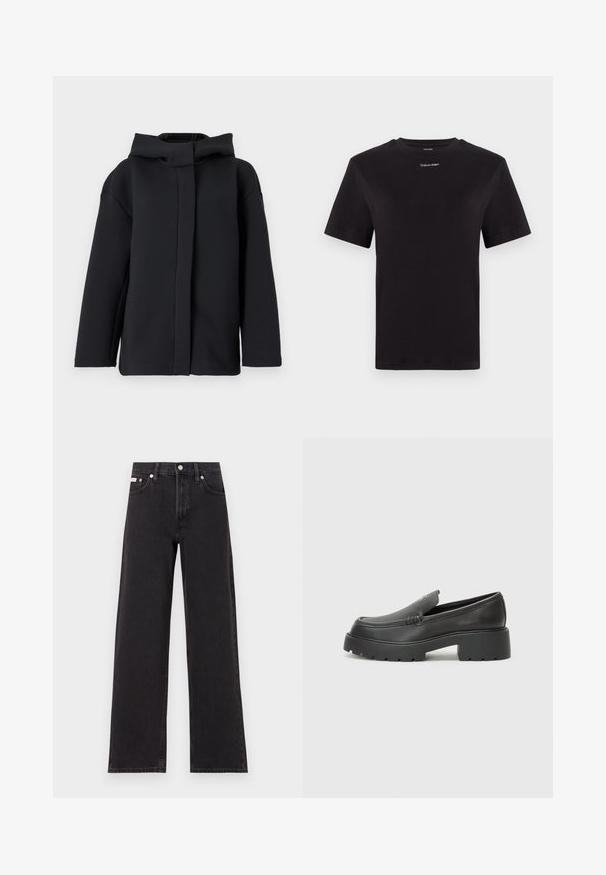 Must have kapuutsiga pusa, millel on mugav lõige, sile tekstuur, pikad varrukad ja eesmine avamine ilma traditsiooniliste sulgudeta.; Must musta t-särk lühikeste käistega, ümberringi kaelusega ja väikese valge "Calvin Klein" logo'ga rinnal. Sile tekstuur, klassikaline lõige.; Mustad laiad mustad teksad, millel on kõrge vöökoht, viie tasku stiil ja metallist nööpkinnitus kontrastsete õmblustega.; Mustad nahast loafers ümarate varvastega, paksu tekstuuriga tald ja minimaalsete õmbluse detailidega. Viimistletud disain, kus pole nähtavaid paelu ega riistu.