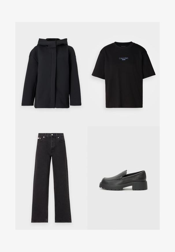 Must have kapuutsiga pusa, millel on mugav lõige, sile tekstuur, pikad varrukad ja eesmine avamine ilma traditsiooniliste sulgudeta.; Mustmust särk ümmarguse kaelusega, lühikeste varrukatega ja sinise tikandiga "Calvin Klein JEANS" logo ees.; Mustad laiad mustad teksad, millel on kõrge vöökoht, viie tasku stiil ja metallist nööpkinnitus kontrastsete õmblustega.; Mustad nahast loafers ümarate varvastega, paksu tekstuuriga tald ja minimaalsete õmbluse detailidega. Viimistletud disain, kus pole nähtavaid paelu ega riistu.