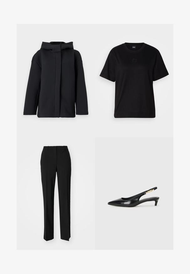 Fekete kapucnis pulóver laza szabással, sima textúrával, hosszú ujjal és elöl nyitott kialakítással, hagyományos záródások nélkül.; Fekete pamut póló kerek nyakkivágással, rövid ujjakkal és hímzett logóval a mellkasán. Egyszerű, laza szabás, minta nélkül.; Fekete, testhezálló nadrág egyenes szárú kivitelben, sima textúrával és éles redőkkel az elején. Nincs látható fémalkatrész.; Fekete bőr slingback magassarkúk, hegyes orral, vékony sarkakkal és arany színű részlettel a állítható pánton. Simа felület.