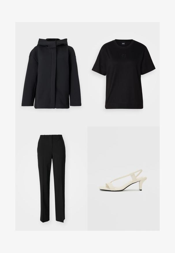 Musta huppari rentoa tyyliä, jossa on sileä pinta, pitkät hihat ja edessä auki oleva malli ilman perinteisiä sulkijoita.; Musta puuvillapaita, jossa on pyöreä kaula-aukko, lyhyet hihat ja brodeerattu logo rinnassa. Yksinkertainen, rento istuvuus ilman kuvioita.; Mustat räätälöidyt housut suoraa lahjetta, joissa on sileä pinta ja terävät taitteet edessä. Ei näkyvää metalliosaa.; Beige sandaalit, joissa on loiva korko, ohuet hihnat ja neliönmallinen varvasosa. Sileä materiaali, jossa on minimaalista yksityiskohtaa, suunniteltu helppokäyttöiseksi.