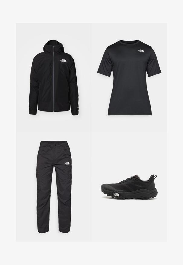The North Face MOUNTAIN LIGHT TRICLIMATE THREE IN ONE GORE-TEX JACKET - Vandeniui atspari striukė - black; Juoda trumpų rankovių marškinėliai, pagaminti iš lengvos, drėgmę praleidžiančios medžiagos. Viršuje kairėje krūtinės pusėje yra balta logotipo etiketė, o apykaklė yra klasikinio stiliaus.; Juodos krovinių kelnės, pagamintos iš lengvo audinio. Su šoninėmis kišenėmis, užtrauktukais ir logotipu kairėje šlaunyje. Tiesaus kirpimo dizainas.; Juoda bėgimo batai su tekstūruotu paviršiumi, guma padais ir sustiprinta pirštų dalimi. Yra paminkštinta apykaklė ir kilpos, leidžiančios lengvai užsidėti.