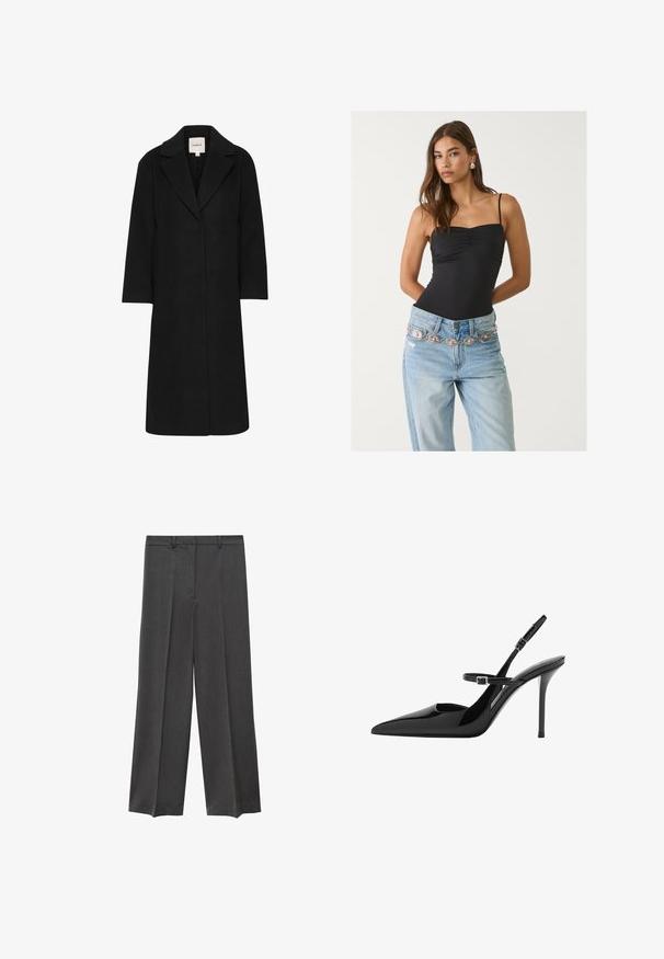 Cappotto nero con apertura frontale, ampi revers e maniche a tre quarti. Realizzato in tessuto liscio con taglio dritto e senza chiusure visibili.; Body aderente nero con scollo quadrato, abbinato a jeans azzurri chiari con una cintura decorativa argento e rosa.; Pantaloni a gamba larga grigi con una superficie liscia, fronte plissettato e passanti per cintura. Realizzati in un tessuto leggero e tessuto.; Slingback in vernice nera con tacco a stiletto, punta affusolata e cinturino regolabile. Superficie liscia con finitura lucida.