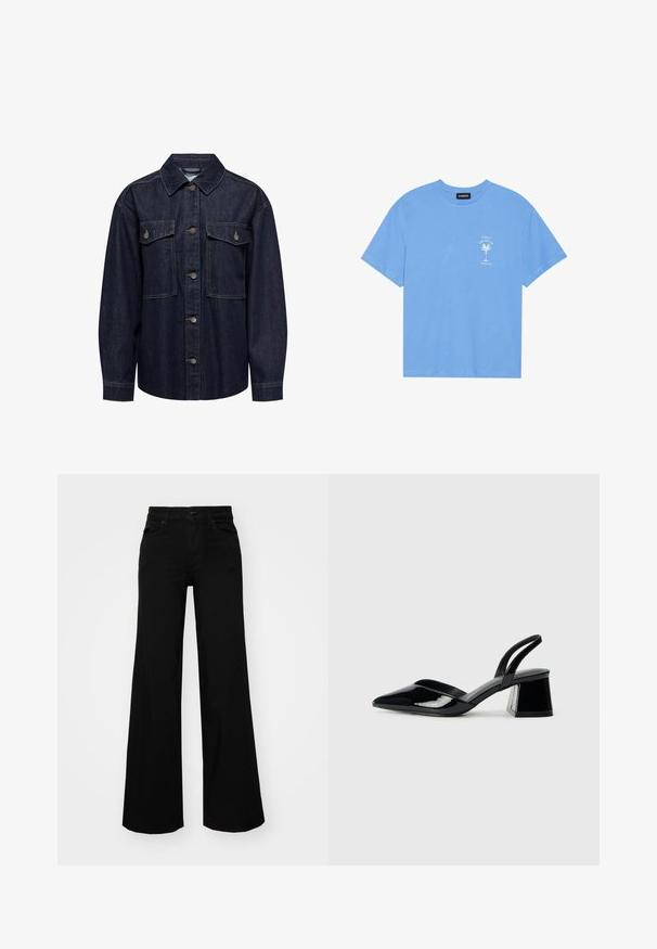 JDY Farmerdzseki - dark blue denim; Világoskék pamut póló, lekerekített nyakkal. Az elülső bal mellrészen egy fehér pálmafát és szöveget ábrázoló grafikával rendelkezik. Rövid ujjak.; Fekete, bő szárú farmernadrág, amelynek állítható derékrésze van, övhurkokkal és elülső zsebekkel. Simaság jellemzi, klasszikus dizájnnal.; Fekete lakk bőr szandálkés magas sarkú cipő, hegyes orral és geometrikus tömbsarkakkal. Karcsú, minimalista dizájn és sima textúra jellemzi.