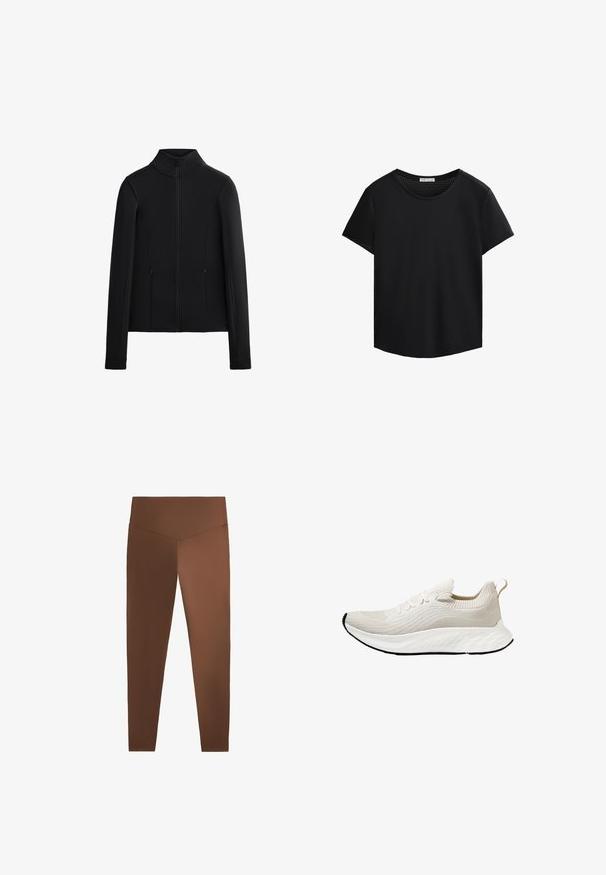 Fekete dzseki sima, rugalmas anyagból. Magas gallérral, teljes hosszúságú cipzárral és két oldalán cipzáras zsebbel rendelkezik. Hosszú ujjú.; Fekete, rövid ujjú póló kerek nyakkivágással és perforált hálós részletekkel a vállakon. Simaszerkezetű anyag, laza szabás, ívelt alj.; Barna leggings sima felülettel, magas derékkal és szűkülő lábakkal, rugalmas anyagból készítve. Nincs rajta minta vagy látható fémalkatrész.; Felhőfehér sportcipő, texturált kötött felsőrésszel és rugalmas talppal, díszes fűzőkkel és hátul pull tab-bal.