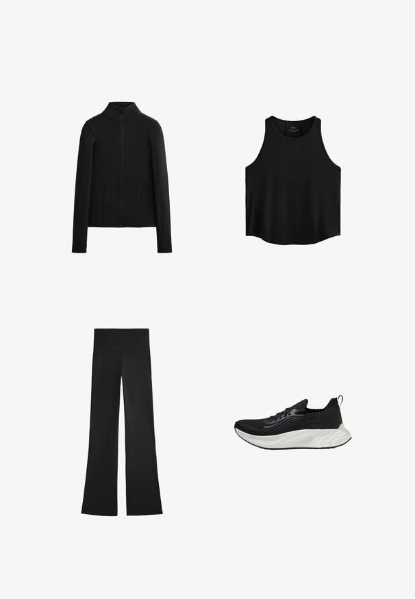 Černá bunda vyrobená z hladkého, elastického materiálu. Disponuje vysokým límcem, plným předním zipem a dvěma bočními kapsami se zipem. Dlouhé rukávy.; Černý bezrukávový top vyrobený z hladké látky, s kulatým výstřihem, rovného střihu a postranními panely s jemnou texturou.; Černé zvonové kalhoty vyrobené z elastického materiálu, s vysokým pasem a hladkou texturou, bez viditelných vzorů nebo kovových detailů.; Černá sportovní bota s texturovaným svrškem, bílou polstrovanou podrážkou a diskrétním brandingem. Obsahuje poutko a šněrování.