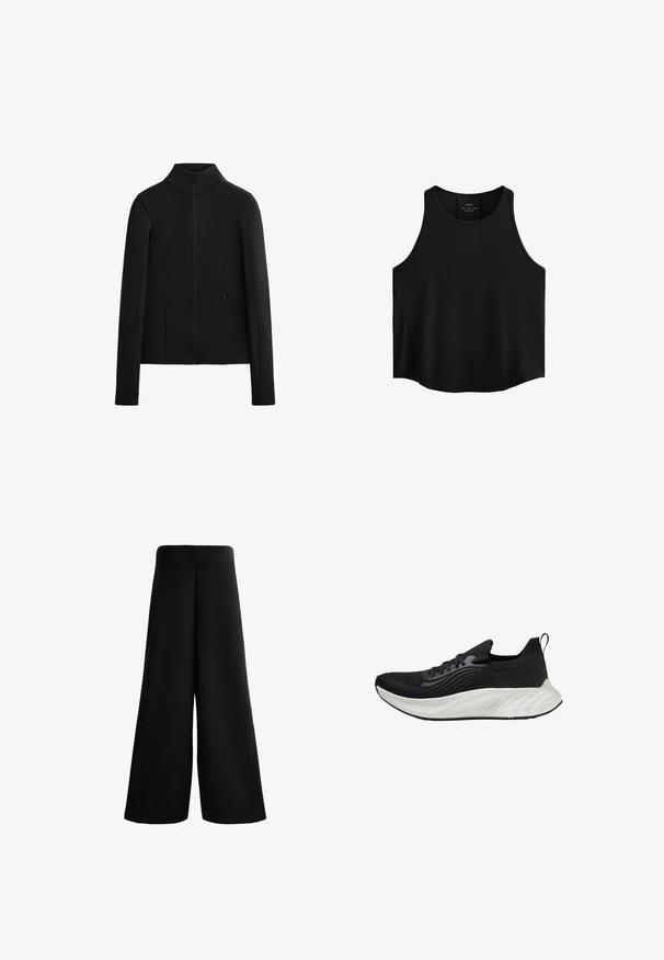 Giacca nera realizzata in tessuto liscio e elastico. Presenta un colletto alto, una zip frontale completa e due tasche laterali con zip. Maniche lunghe.; Top senza maniche nero realizzato in tessuto liscio, caratterizzato da un collo arrotondato, taglio dritto e pannelli laterali con una leggera trama.; Pantaloni neri a gamba larga realizzati in tessuto morbido. Caratterizzati da vita alta e tessitura liscia con linee pulite, offrono una vestibilità ampia e rilassata.; Scarpe sportive nere con tomaia testurizzata, suola bianca ammortizzata e branding discreto. Presentano un'utilità per il tallone e chiusura con lacci.