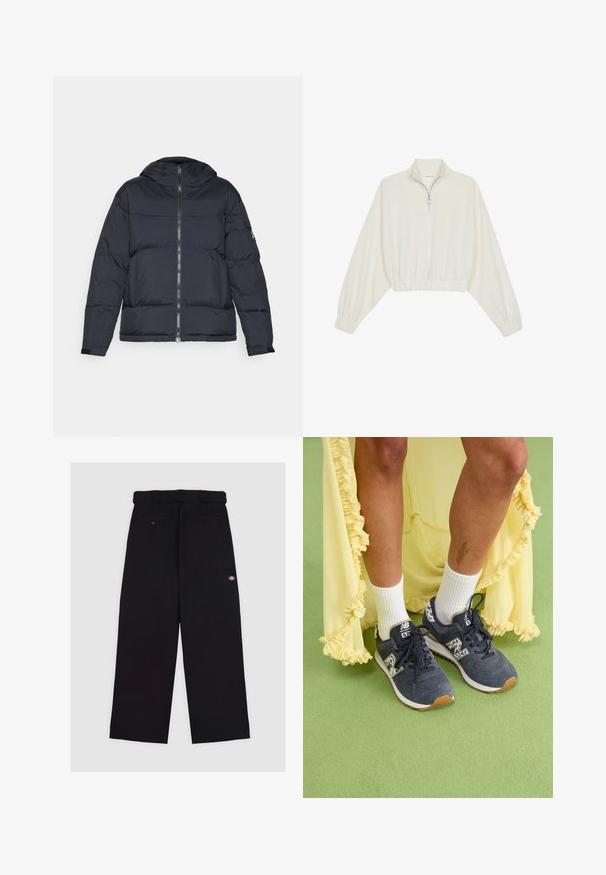 Jūrinės tamsiai mėlynos pūkinės striukės su gobtuvu, užtrauktuku ir elastingais rankogaliais. Turi dėžutės formos dizainą ir siuvinėtą tekstūrą šilumai išlaikyti.; Kreminės spalvos trumpas megztinis, turintis aukštą apykaklę, pusiau užtrauktuką, elastinį apačią irRankovių kraštus, su lygiu paviršiumi ir minimalizuotu dizainu.; Juodi kelnių iš lygios tekstūros audinio. Turi tiesią kojų fasoną, diržo kilpas ir kelias kišenes.; Pilki zomšiniai sportbačiai su baltais padais ir raštuotais akcentais. Derinami su baltais puskojiniais ir geltona nelygiu kraštu suknele. Žalias tekstūruotas fonas.