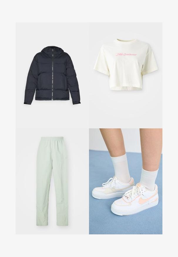 Tumed puffer-jakk, millel on kapuuts, lukuga sulgemine ja elastsed mansetid. Omab karbikujulist disaini ja õmmeldud tekstuuri soojustamiseks.; Lühendatud, kreemjas värvi t-särk, mis on valmistatud puuvillast. Omab roosa tikandiga logot, millel on kiri "Nike Sportwear". Lühikesed varrukad ja ümmargune kaelus.; Heledad heledadus, kerge roheline pükste elastse vöökohaga. Sirge jala disain, millel on minimaalne tekstuur ja diskreetne logodetail.; Valged tossud virsiku aktsentidega, siledast nahast ülemine osa, perforatsiooni mustri pool, tekstureeritud talla ja paeltega. Kantud valgete lühikeste sokkidega sinisel pinnal.