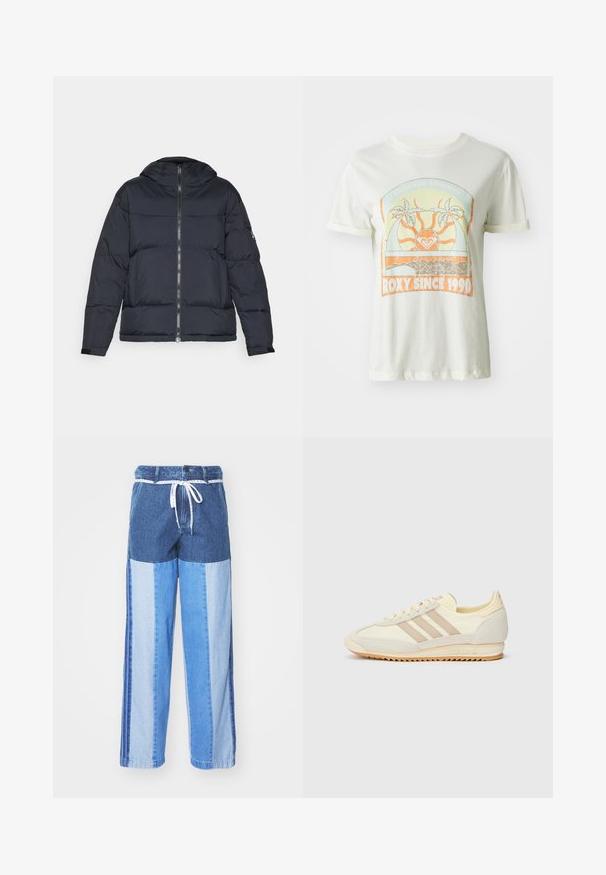 Navy puffer jacket with a hood, zip closure, and elastic cuffs. Features boxy design and quilted texture for insulation.; Cream-colored cotton t-shirt featuring a retro graphic with palm trees, sun, and "ROXY SINCE 1990" in orange and teal accents. Short sleeves.; Blue denim pants featuring a patchwork design with varying shades of blue, a drawstring waist, and loose, straight-cut legs.; Cream athletic sneaker featuring three beige stripes, suede and textile materials, a textured sole, and embossed branding on the heel.